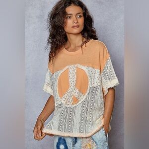 Orange and Cream Lace Peace Sign Top